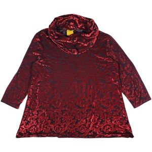 Ruby Rd Velvet Burnout Blouse Women L Red Cowl Neck Gothic Romantic Dark Baroque